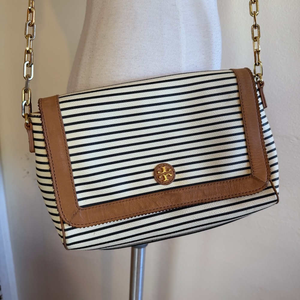 Striped Tory Burch Crossbody Bag White Tan